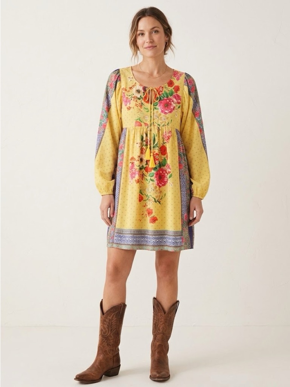 🎉3/$45 Umgee Yellow Floral Boho Tunic Mini Dress Small Cottagecore festival
